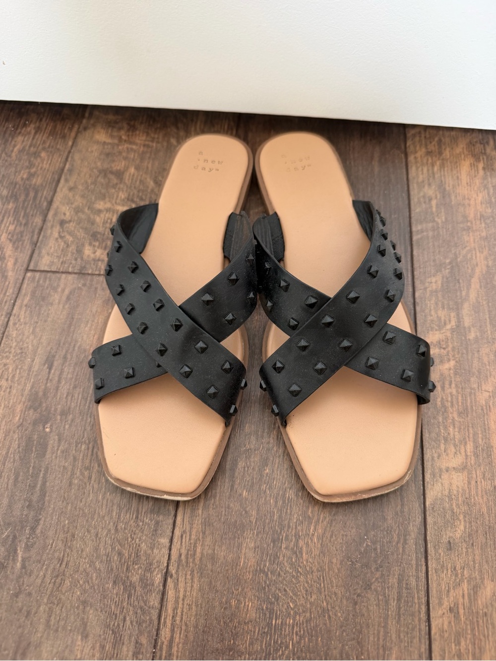 a new day Black Studded Crisscross Slide Sandals